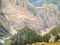 Paisaje alpino con cabaña y montañas